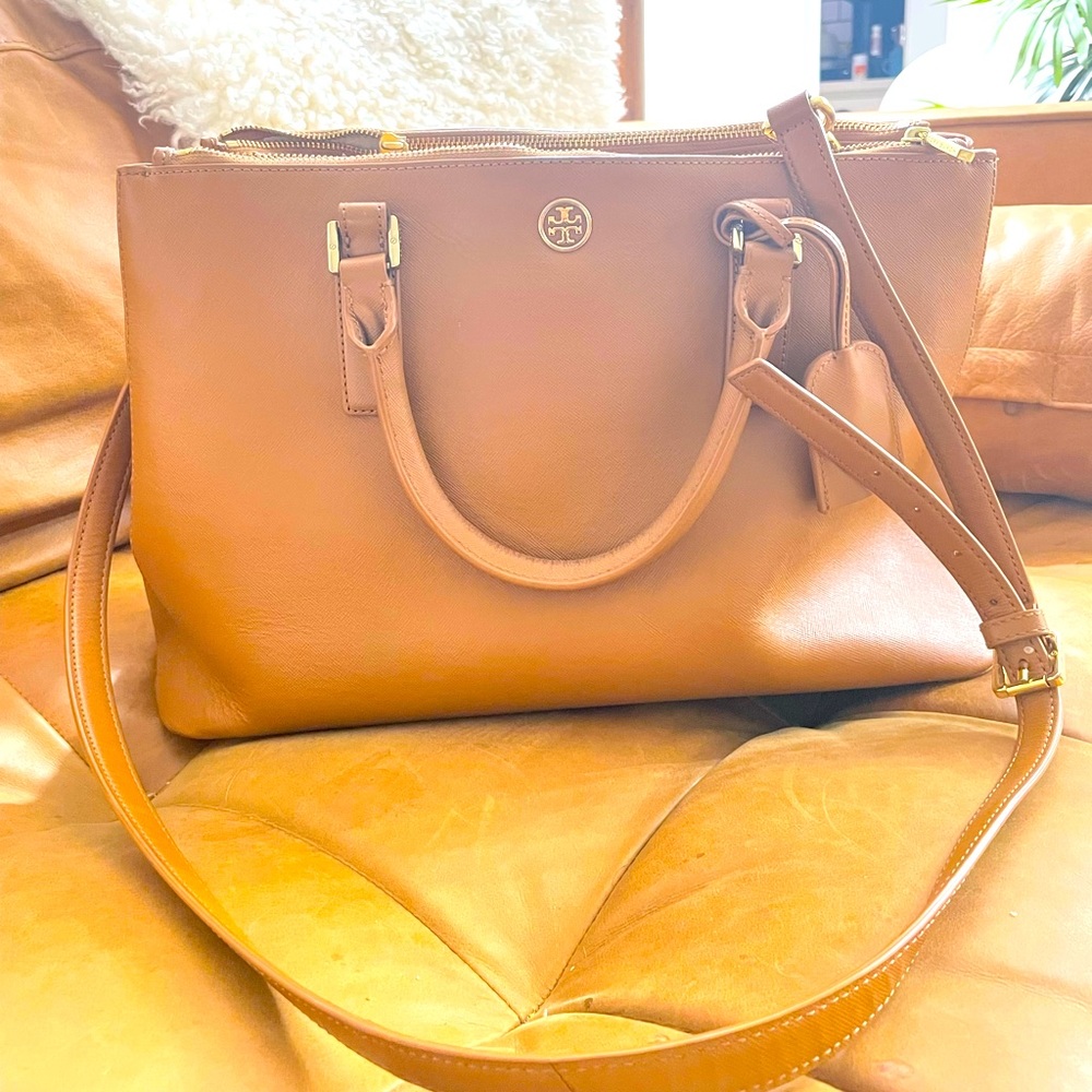 TORY BURCH TAN BROWN LAPTOP HANDBAG LARGE